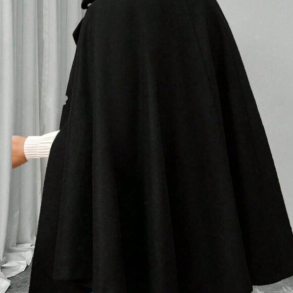 Black Elegant Women's Plus Size Button Poncho Sleeve Wool Coat - Picture 2 of 6